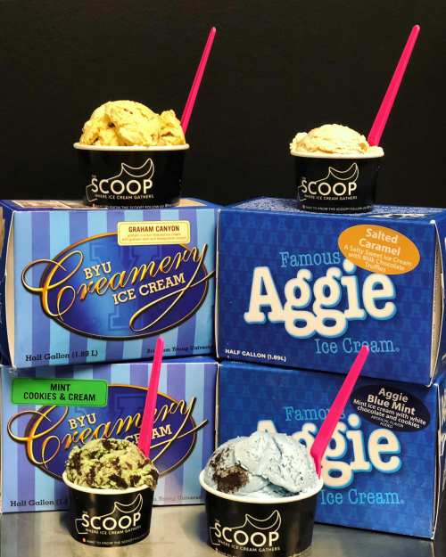 Assorted ice cream containers and cups, featuring flavors like mint cookies & cream and salted caramel.