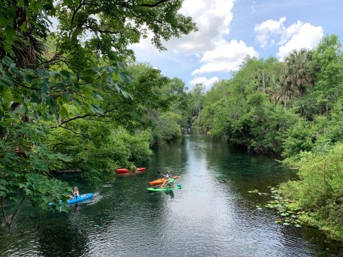 Two kayakers paddle on a serene river surrounded by lush greenery and trees under a partly cloudy sky.