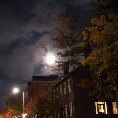 A night scene featuring a bright moon partially obscured by clouds, with trees and buildings in the foreground.