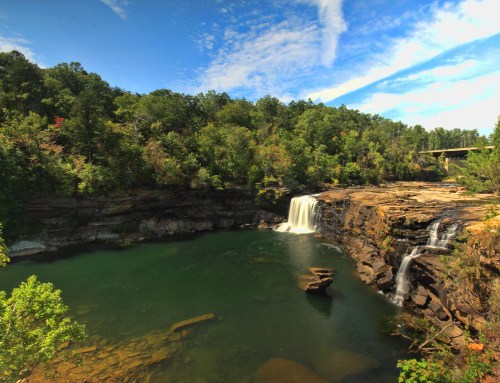 A serene waterfall cascades into a clear pool, surrounded by lush greenery and a blue sky with scattered clouds.