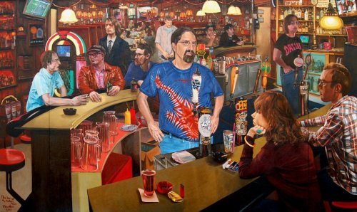 A vibrant bar scene with diverse patrons, colorful decor, and a jukebox, capturing a lively social atmosphere.