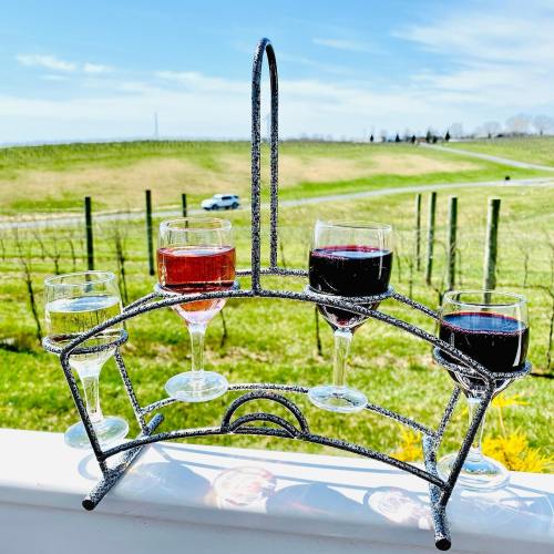 A metal wine holder displays four glasses of different wines against a scenic vineyard backdrop.