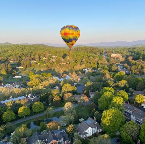 A colorful hot air balloon floats above a lush green landscape with houses and trees under a clear blue sky.