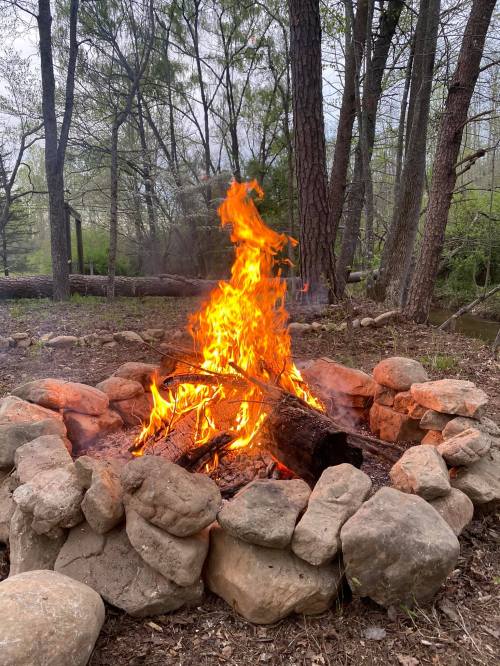 A vibrant campfire surrounded by a stone circle, set in a wooded area with trees in the background.