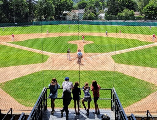 A group of children watch a baseball game from behind a fence at a sunny field with players in the background.