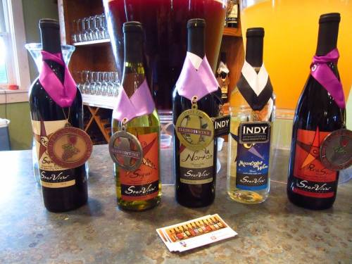 Five bottles of wine with medals, displayed on a countertop, alongside a business card and a large beverage dispenser.