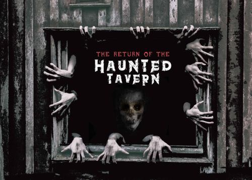 A spooky scene featuring skeletal hands reaching through a window, with the title "The Return of the Haunted Tavern."