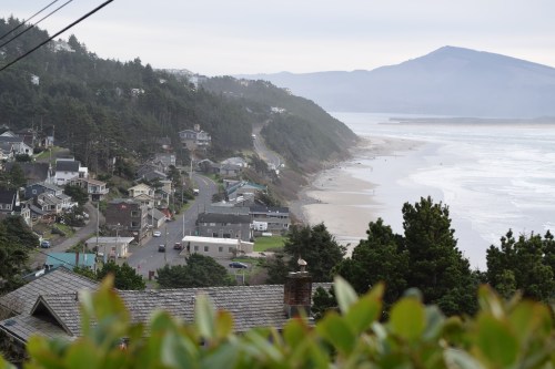 A coastal view of a small town with houses, a winding road, and a beach, framed by trees and mountains in the background.