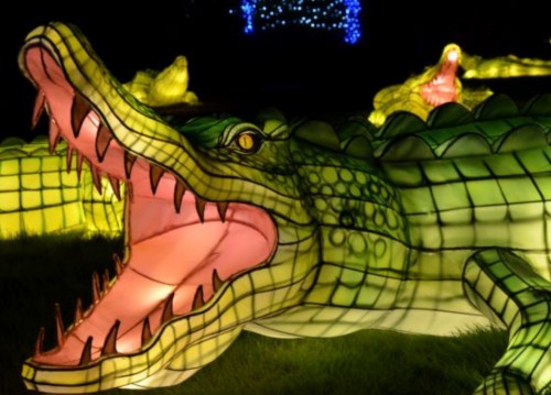 A large, illuminated crocodile sculpture with vibrant green and yellow colors, set against a dark background.