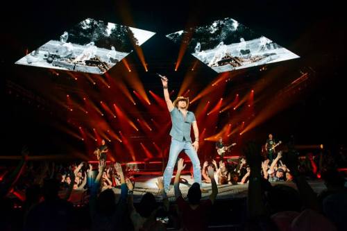A performer on stage with a guitar, surrounded by bright lights and an enthusiastic crowd.