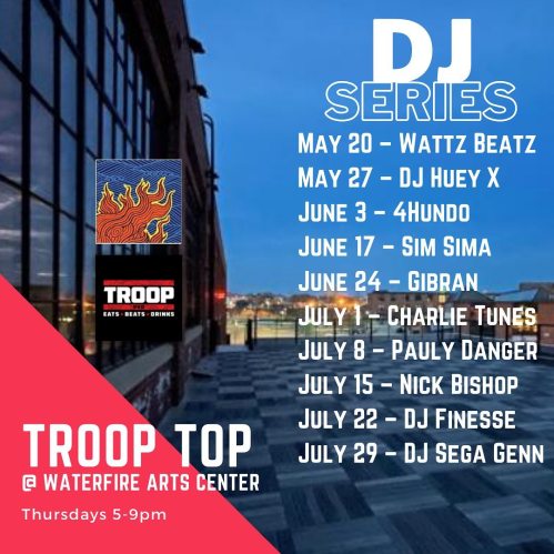 Promotional poster for DJ series at Waterfire Arts Center, featuring dates and DJ names from May 20 to July 29.
