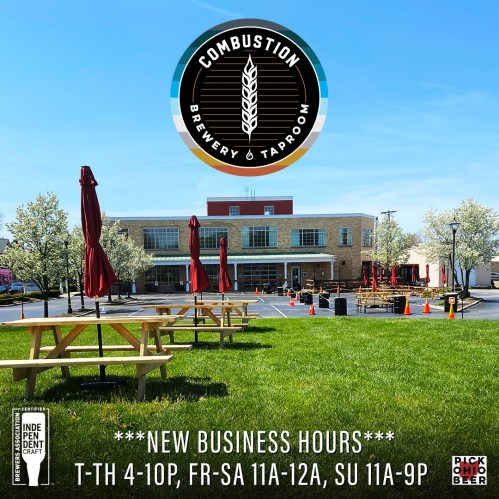 Image of Combustion Brewery & Taproom with outdoor seating, new business hours displayed, and a clear blue sky.