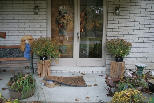 A cozy porch with potted flowers, a scarecrow, a welcome mat, and a decorative rooster by the door.