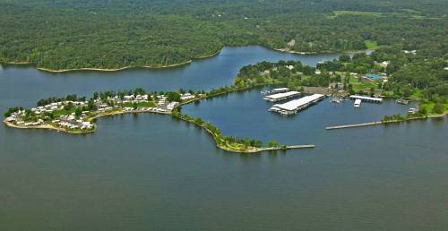 Aerial view of a lake with marinas, campsites, and lush green surroundings.