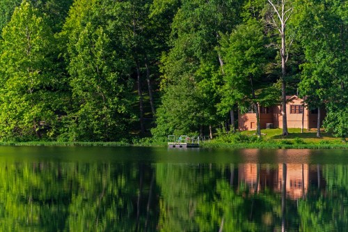 A serene lake surrounded by lush green trees, reflecting a cozy cabin and a small dock on the water's edge.