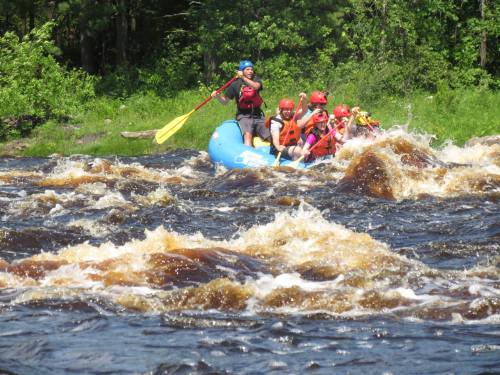 A group of people in a blue raft navigating through turbulent brown waters, surrounded by lush green trees.