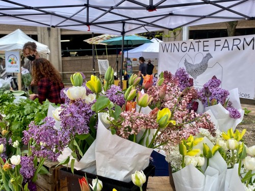 A vibrant flower display at a farmers market, with colorful tulips and lilacs under a tent. People are browsing nearby.