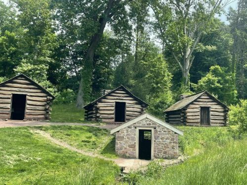 Three rustic log cabins surrounded by lush greenery, with a stone structure in the foreground.