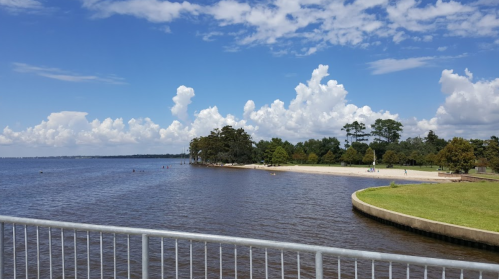 A serene lakeside view with a sandy beach, lush trees, and fluffy clouds under a bright blue sky.