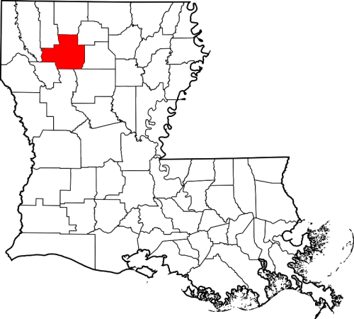 Map of Louisiana highlighting the red area in the northwest, indicating a specific parish.