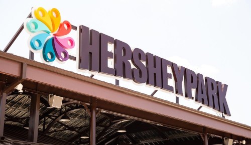 Sign for Hersheypark featuring a colorful logo and bold lettering against a clear sky.