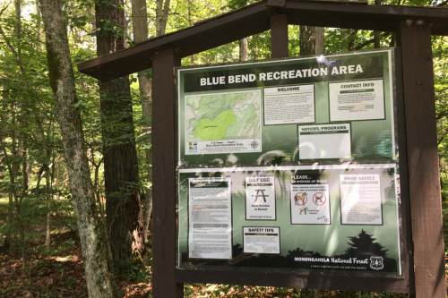 Sign for Blue Bend Recreation Area, featuring maps, contact info, and safety tips in a wooded setting.