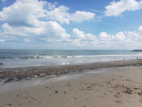 A serene beach scene with gentle waves, sandy shore, and a sky filled with fluffy clouds.