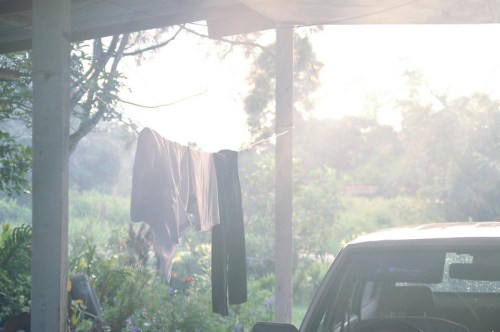 Clothes hanging on a line in a misty outdoor setting, with greenery and a car in the foreground.