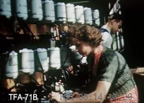 A woman and a man work with machinery in a factory setting, surrounded by equipment and containers.