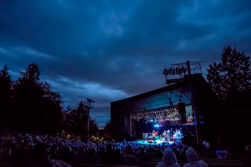 A crowd watches a live band perform on stage under a cloudy sky, with blue lights illuminating the scene.