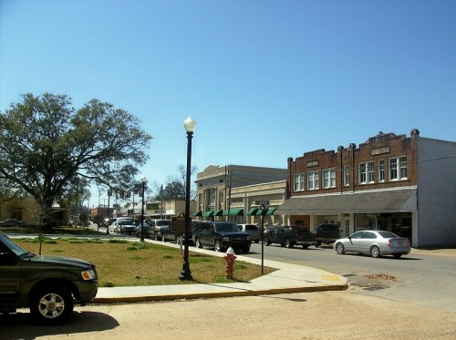 A sunny street scene featuring shops, parked cars, and a large tree in a small town.