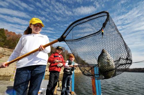 A girl smiles while holding a fishing net with a large fish, as two boys fish nearby on a sunny day.