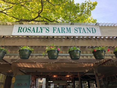 Sign for "Rosaly's Farm Stand" with hanging flower pots and a sunny outdoor setting.