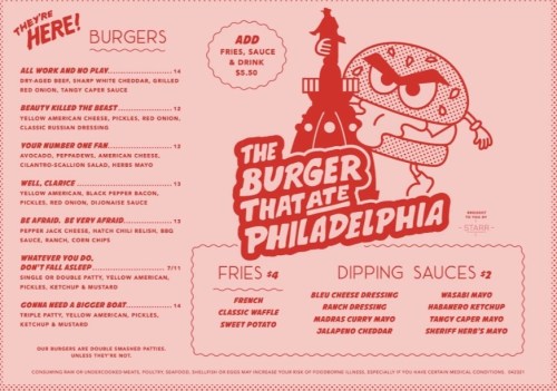 Menu for "The Burger That Ate Philadelphia," featuring burgers, fries, and dipping sauces with playful graphics.