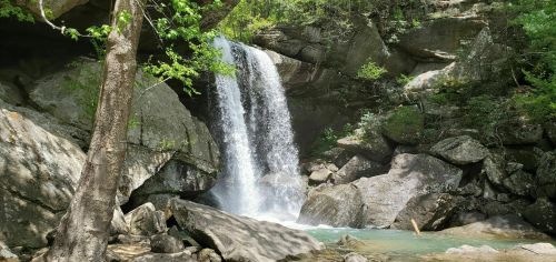 A serene waterfall cascades over rocks into a clear pool, surrounded by lush greenery and rugged stone formations.