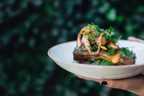 A hand holds a plate of beautifully presented meat topped with herbs and colorful garnishes against a green background.