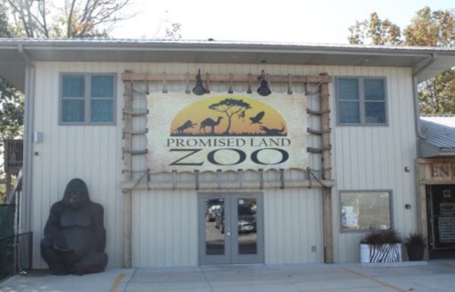 Entrance of Promised Land Zoo featuring a large sign and a statue of a gorilla outside the building.