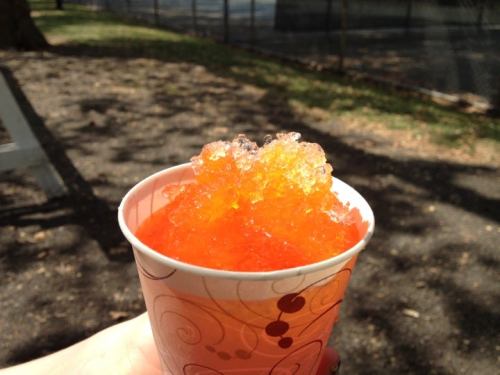 A cup filled with colorful orange shaved ice, sitting on a sunny outdoor surface.