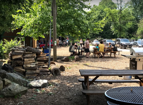 A sunny outdoor area with people gathered around picnic tables, surrounded by trees and a stack of firewood.