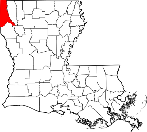 Map of Louisiana highlighting the northwestern region in red against a white background.