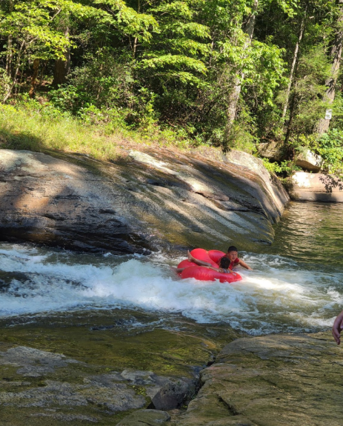 A person rides a red inner tube down a rocky river surrounded by lush greenery.