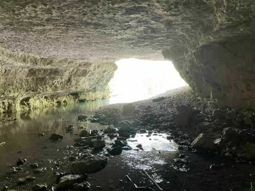 View from inside a cave, looking out towards a bright opening with water and rocks in the foreground.