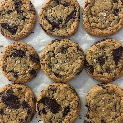 A close-up of freshly baked chocolate chip cookies arranged in a grid on parchment paper.