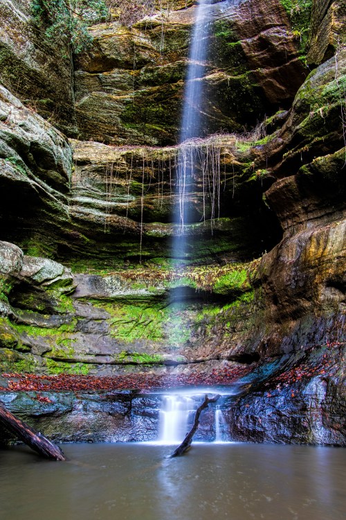 A serene waterfall cascades down moss-covered rocks into a tranquil pool, surrounded by lush greenery and fallen leaves.