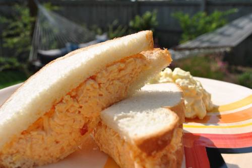 A close-up of a chicken salad sandwich on white bread, with a side of creamy potato salad, set outdoors.