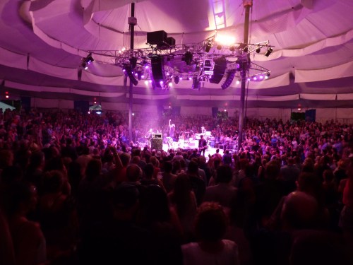 A large crowd enjoys a live music performance under a tent, illuminated by purple stage lights.