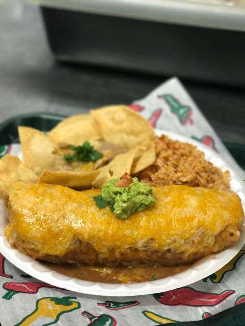 A plate featuring a large cheese-covered burrito topped with guacamole, served with rice and tortilla chips.