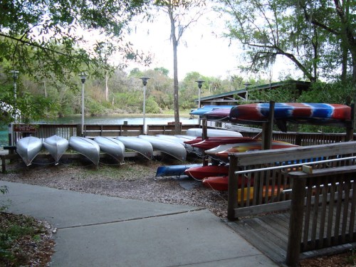 A row of kayaks and canoes stacked near a calm waterway, surrounded by trees and wooden walkways.