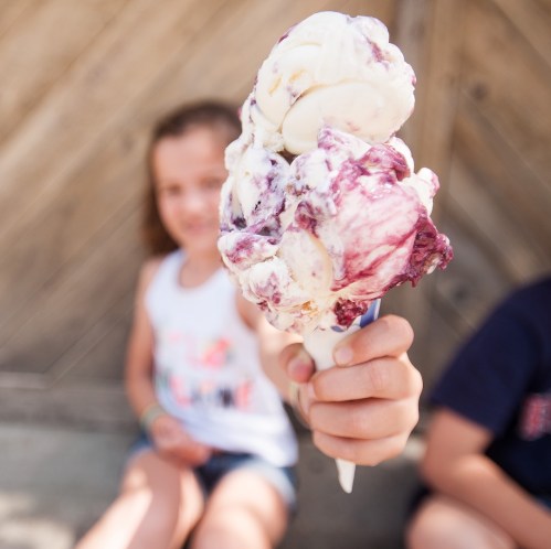 A child holds a large ice cream cone with swirls of purple and white, smiling in the background.