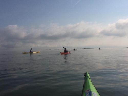 A calm sea with kayakers paddling in the distance under a cloudy sky.